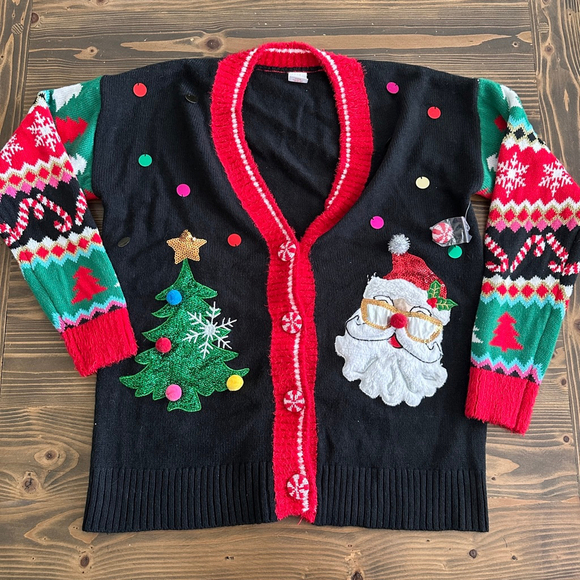 Womens Holiday Time Christmas Cardigan Sweater M Black Red Ugly Holiday - Picture 1 of 11